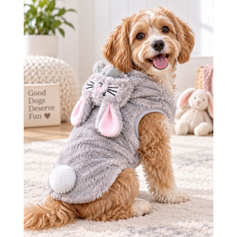 Medium - Pup Crew Plush Bunny Dog Costume, Gray, Medium, Fits 17–20"